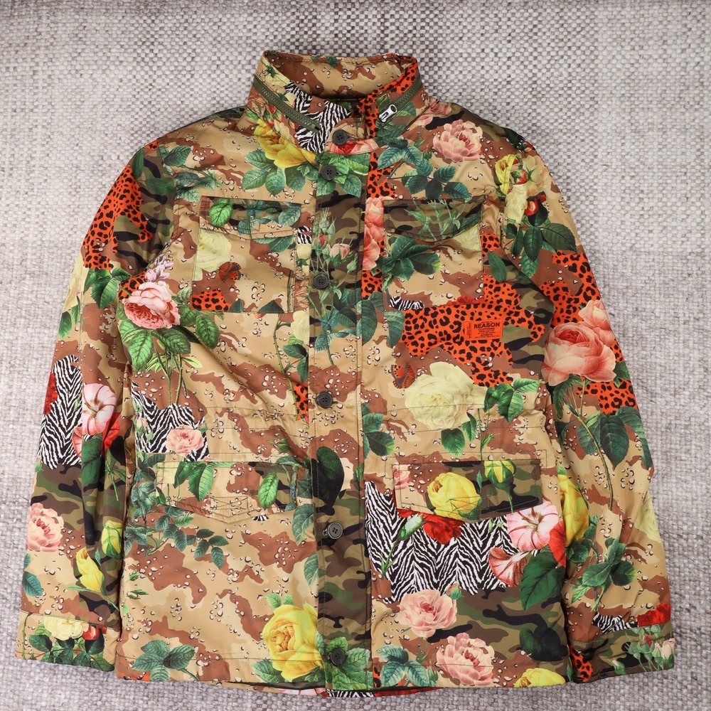 Reason Clothing Womens Camo Floral Leopard Print Field Jacket Hooded Large